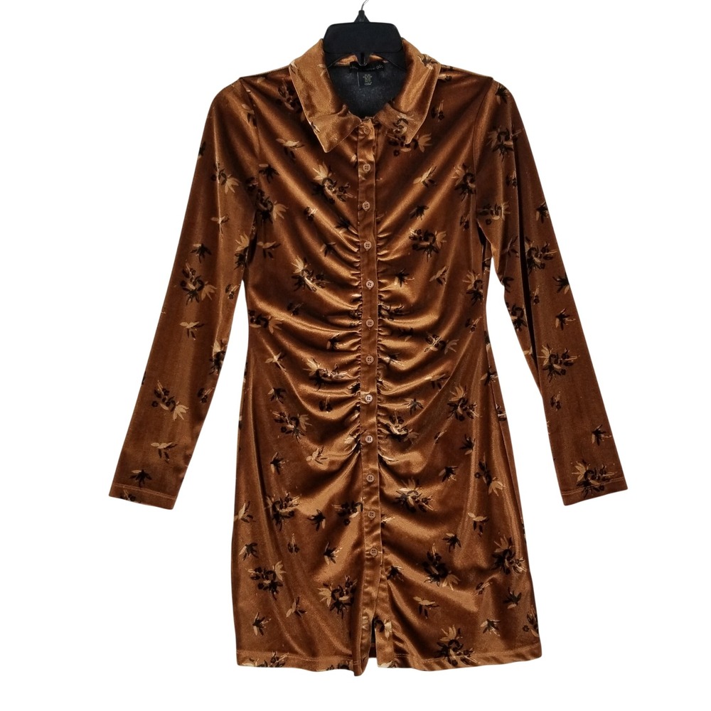 House of Harlow 1960 Mini Dress Womens XS Bronze Velvet Ruched Floral Sleeve